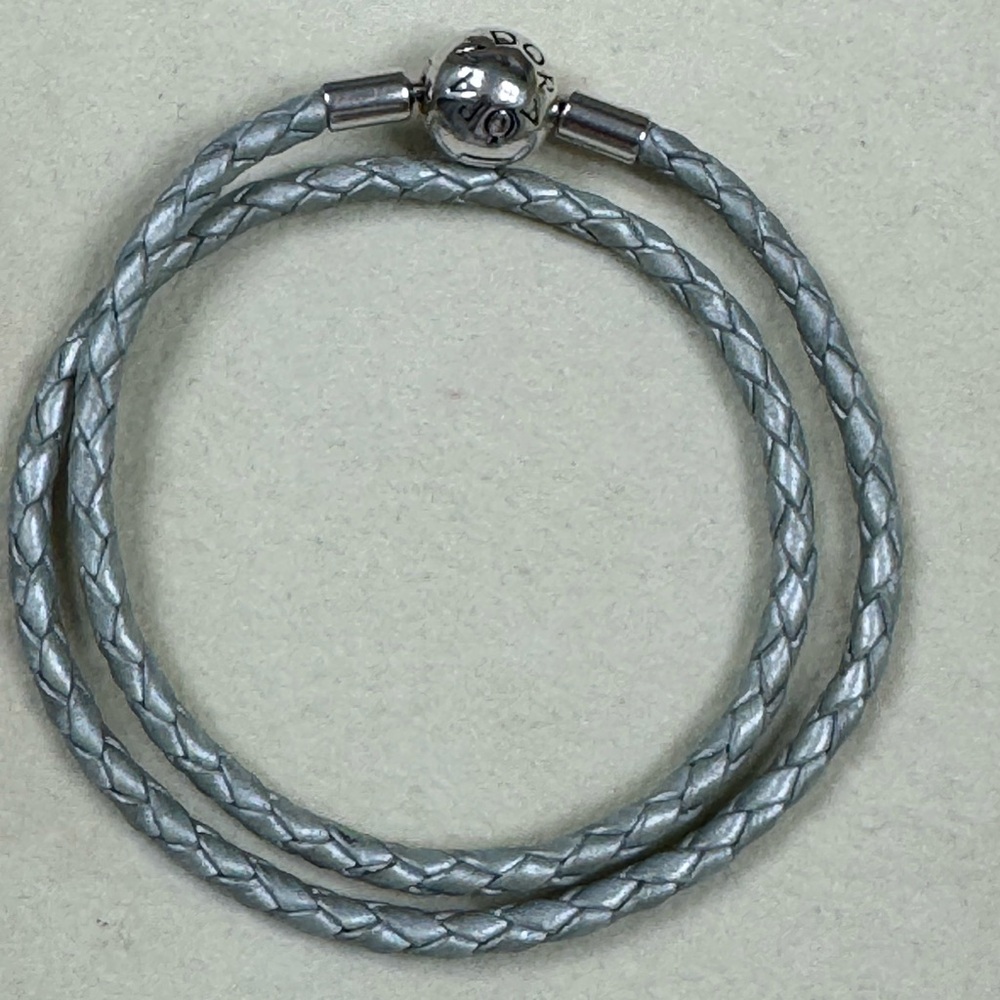 Pandora double leather braided bracelet light blue D1 sterling silver